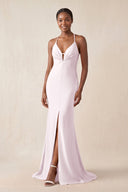 Mermaid V - Neck Satin Bridesmaid Dress With Slit in Dusk - KissProm Bridesmaid Dresses