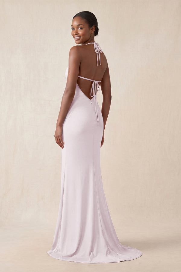 Mermaid V - Neck Satin Bridesmaid Dress With Slit in Dusk - KissProm Bridesmaid Dresses