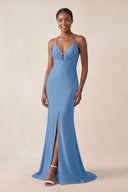 Mermaid V - Neck Satin Bridesmaid Dress With Slit in Dusty Blue - KissProm Bridesmaid Dresses