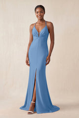 Mermaid V - Neck Satin Bridesmaid Dress With Slit in Dusty Blue - KissProm Bridesmaid Dresses