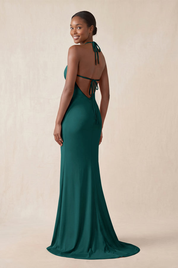 Mermaid V - Neck Satin Bridesmaid Dress With Slit in Emerald - KissProm Bridesmaid Dresses