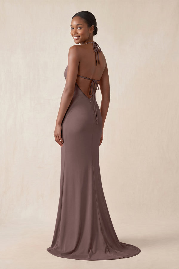Mermaid V - Neck Satin Bridesmaid Dress With Slit in Espresso - KissProm Bridesmaid Dresses