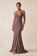 Mermaid V - Neck Satin Bridesmaid Dress With Slit in Espresso - KissProm Bridesmaid Dresses