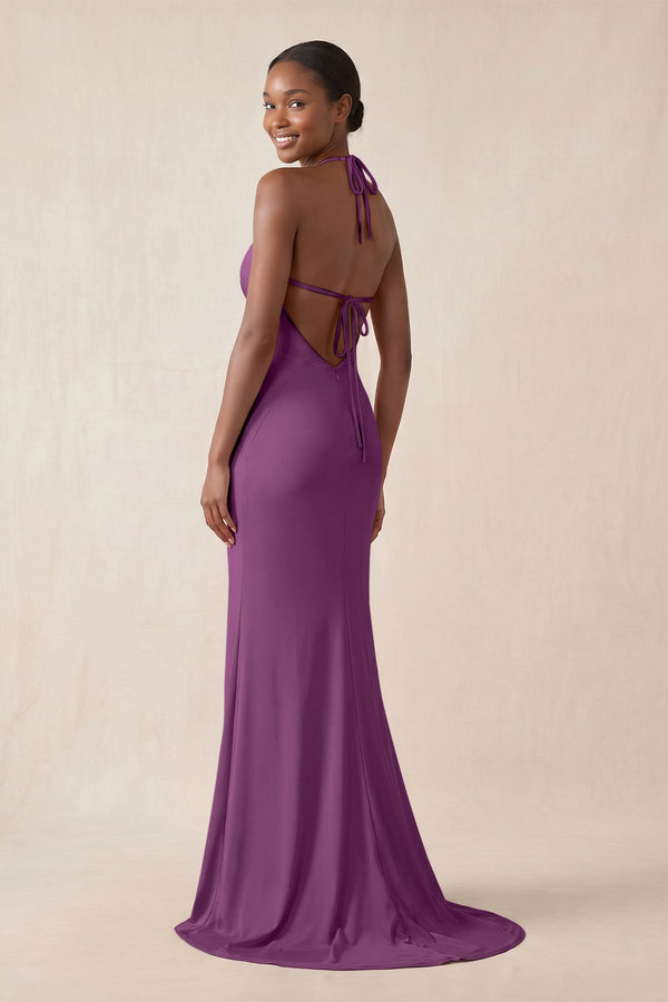 Mermaid V - Neck Satin Bridesmaid Dress With Slit in Fig - KissProm Bridesmaid Dresses
