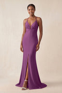 Mermaid V - Neck Satin Bridesmaid Dress With Slit in Fig - KissProm Bridesmaid Dresses