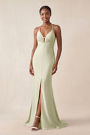 Mermaid V - Neck Satin Bridesmaid Dress With Slit in Frost - KissProm Bridesmaid Dresses