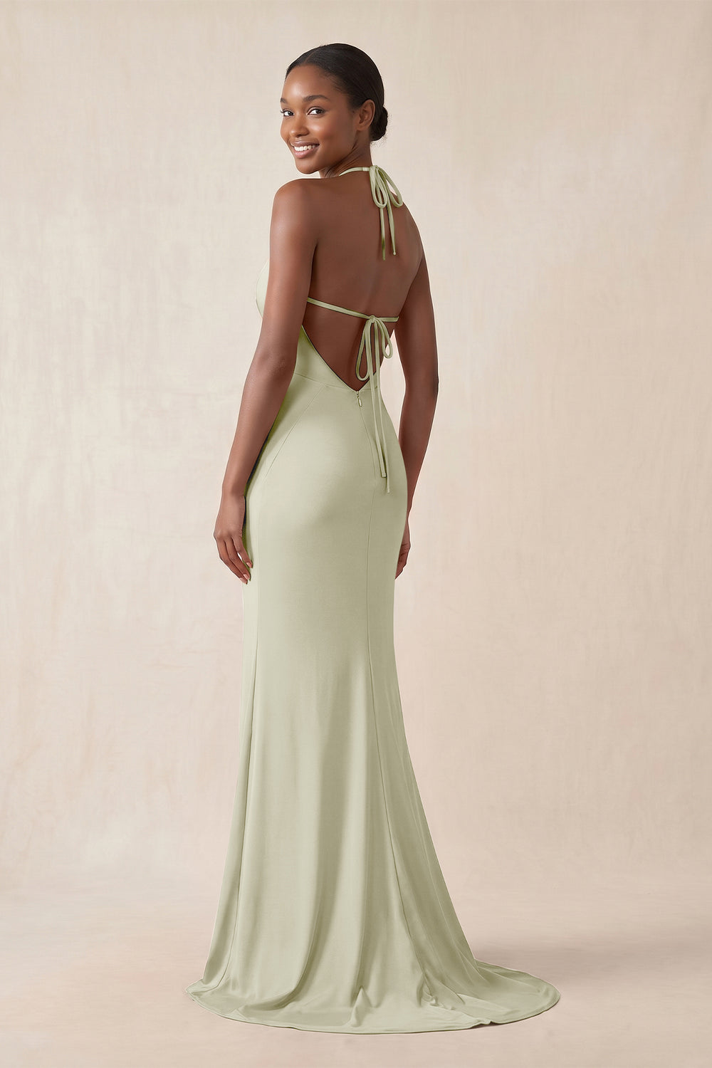 Mermaid V - Neck Satin Bridesmaid Dress With Slit in Frost - KissProm Bridesmaid Dresses