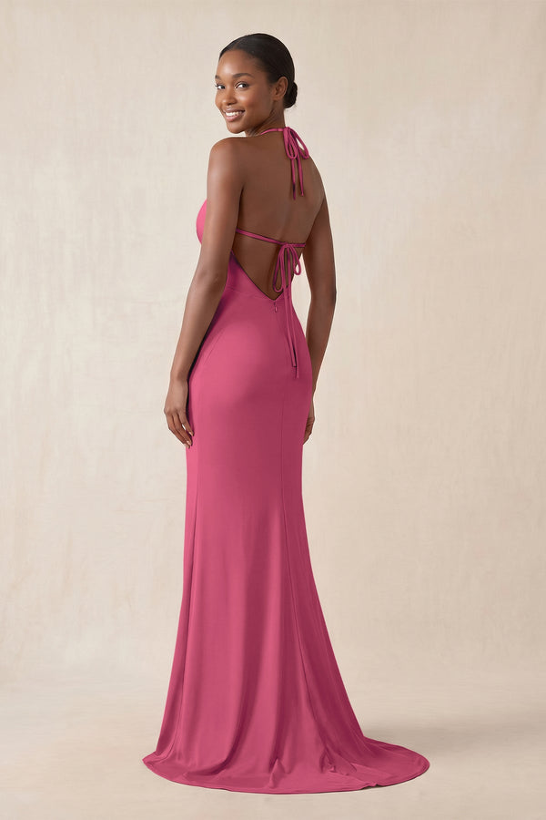 Mermaid V - Neck Satin Bridesmaid Dress With Slit in Fuchsia - KissProm Bridesmaid Dresses