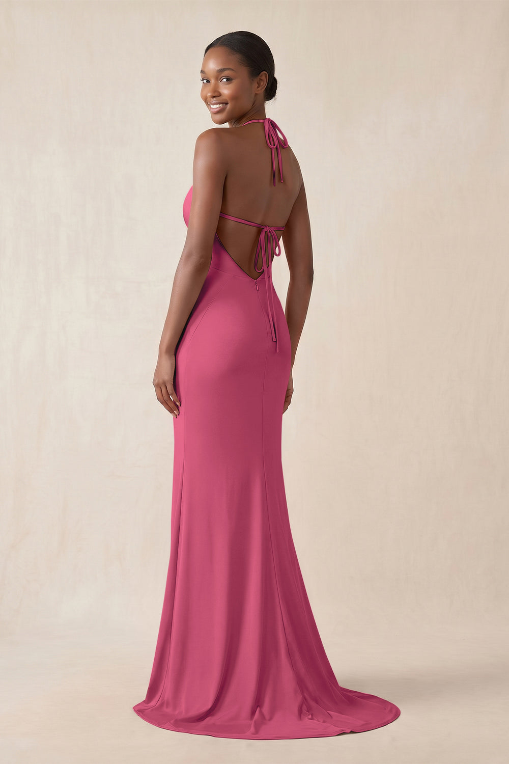 Mermaid V - Neck Satin Bridesmaid Dress With Slit in Fuchsia - KissProm Bridesmaid Dresses