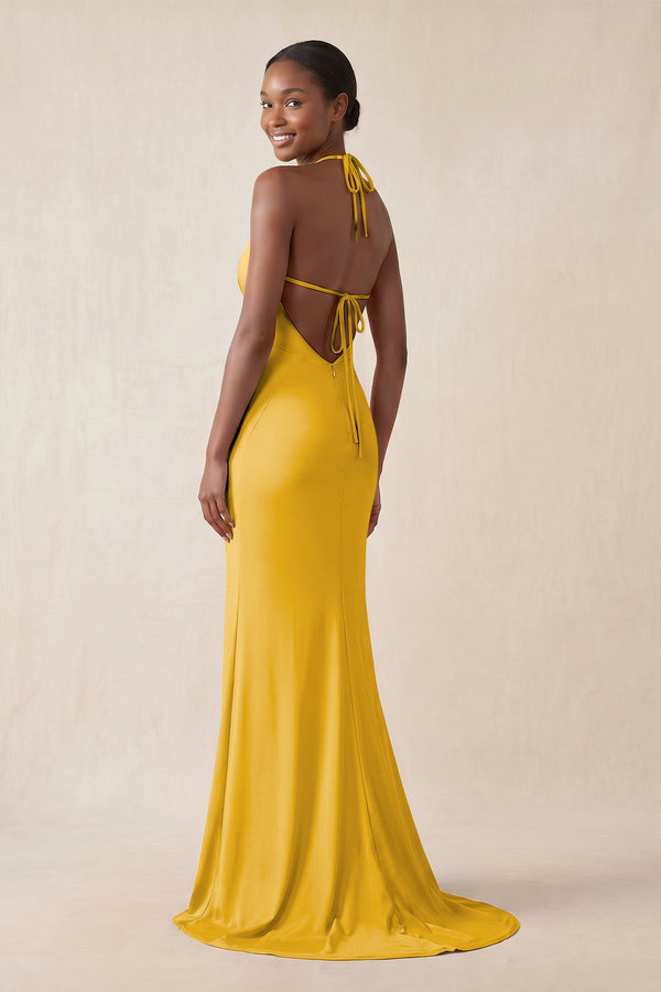 Mermaid V - Neck Satin Bridesmaid Dress With Slit in Gold - KissProm Bridesmaid Dresses