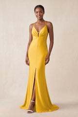 Mermaid V - Neck Satin Bridesmaid Dress With Slit in Gold - KissProm Bridesmaid Dresses