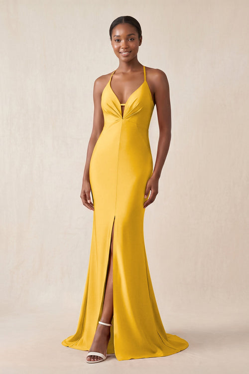Mermaid V - Neck Satin Bridesmaid Dress With Slit in Gold - KissProm Bridesmaid Dresses