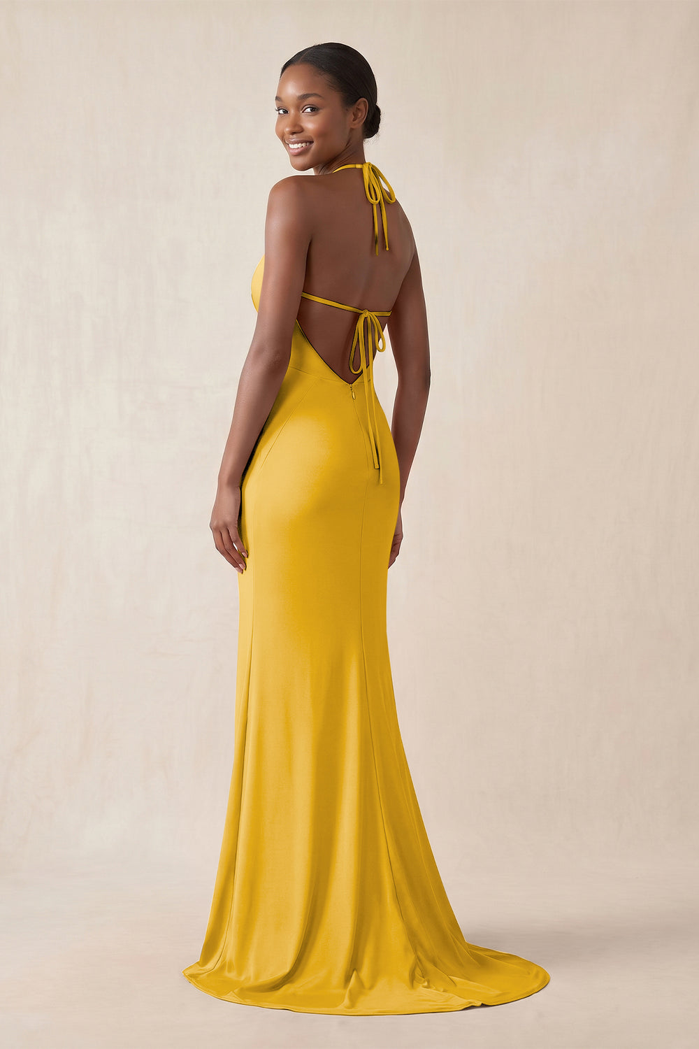 Mermaid V - Neck Satin Bridesmaid Dress With Slit in Gold - KissProm Bridesmaid Dresses