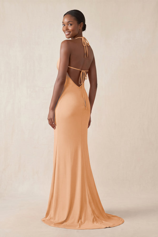 Mermaid V - Neck Satin Bridesmaid Dress With Slit in Golden Champagne - KissProm Bridesmaid Dresses