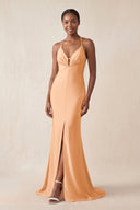 Mermaid V - Neck Satin Bridesmaid Dress With Slit in Golden Champagne - KissProm Bridesmaid Dresses
