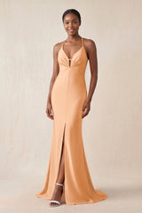 Mermaid V - Neck Satin Bridesmaid Dress With Slit in Golden Champagne - KissProm Bridesmaid Dresses