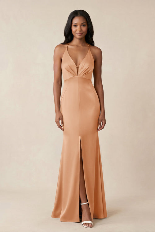 silk bridesmaid dresses champagne Champagne Bridesmaid Dresses Asymmetrical V-Neck Spaghetti Straps Floo main image 0