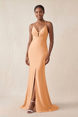 Mermaid V - Neck Satin Bridesmaid Dress With Slit in Golden Champagne - KissProm Bridesmaid Dresses