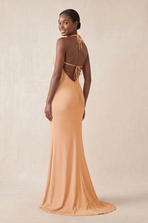 Mermaid V - Neck Satin Bridesmaid Dress With Slit in Golden Champagne - KissProm Bridesmaid Dresses