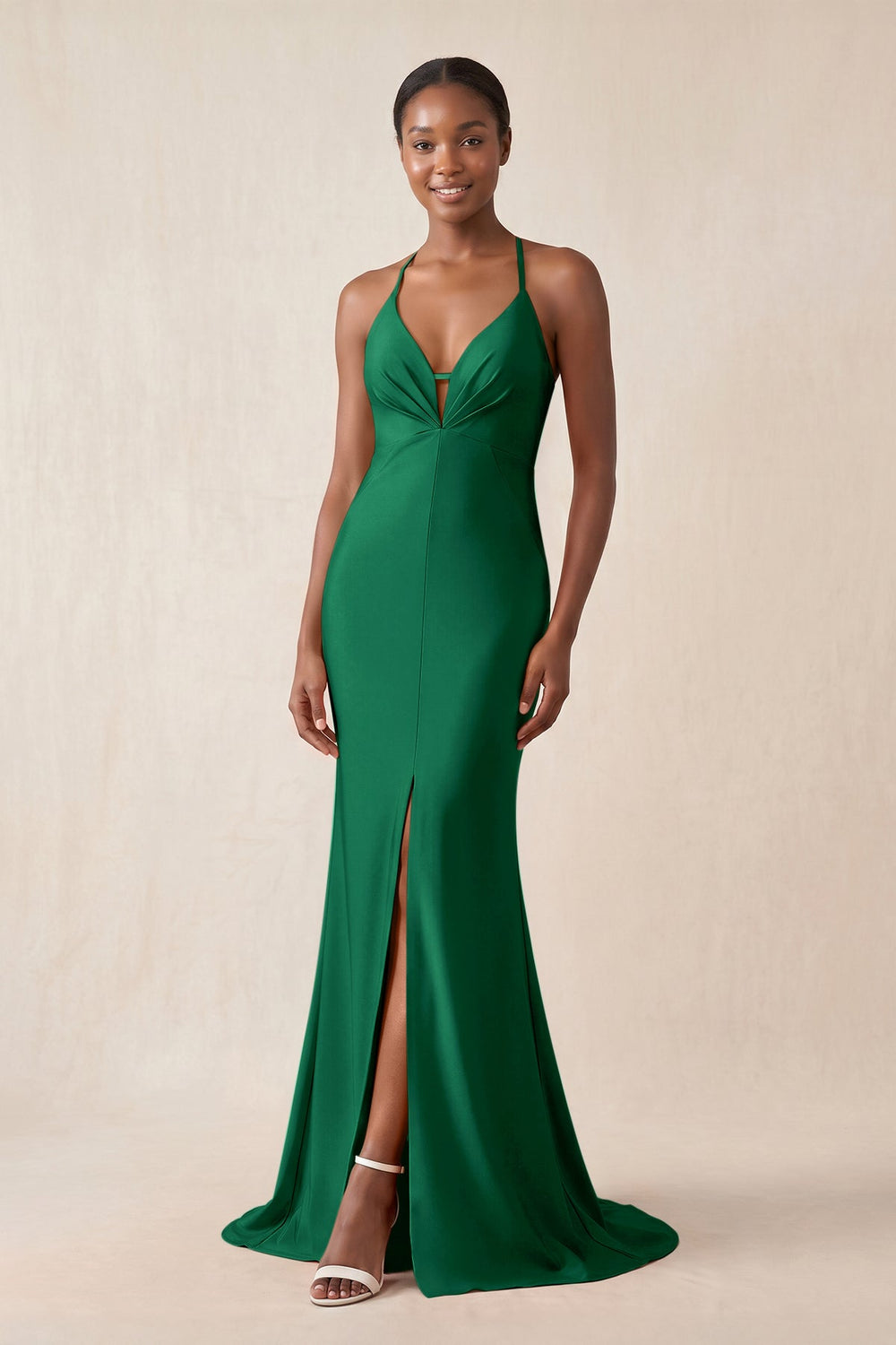 Mermaid V - Neck Satin Bridesmaid Dress With Slit in Green - KissProm Bridesmaid Dresses