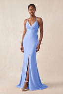 Mermaid V - Neck Satin Bridesmaid Dress With Slit in Ice - KissProm Bridesmaid Dresses
