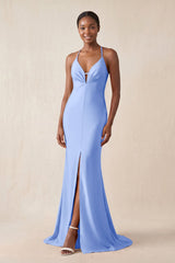 Mermaid V - Neck Satin Bridesmaid Dress With Slit in Ice - KissProm Bridesmaid Dresses