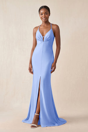 Mermaid V - Neck Satin Bridesmaid Dress With Slit in Ice - KissProm Bridesmaid Dresses