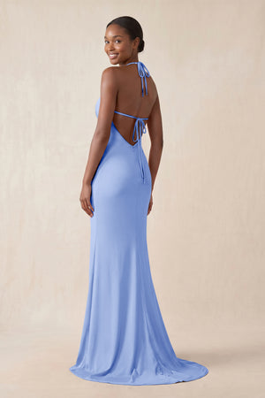 Mermaid V - Neck Satin Bridesmaid Dress With Slit in Ice - KissProm Bridesmaid Dresses