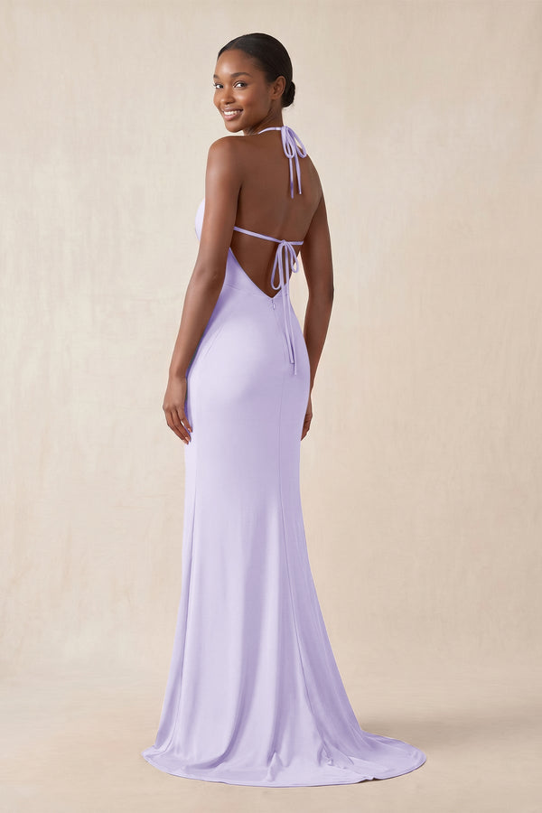 Mermaid V - Neck Satin Bridesmaid Dress With Slit in Lavender - KissProm Bridesmaid Dresses