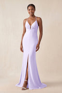 Mermaid V - Neck Satin Bridesmaid Dress With Slit in Lavender - KissProm Bridesmaid Dresses