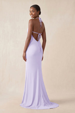Mermaid V - Neck Satin Bridesmaid Dress With Slit in Lavender - KissProm Bridesmaid Dresses