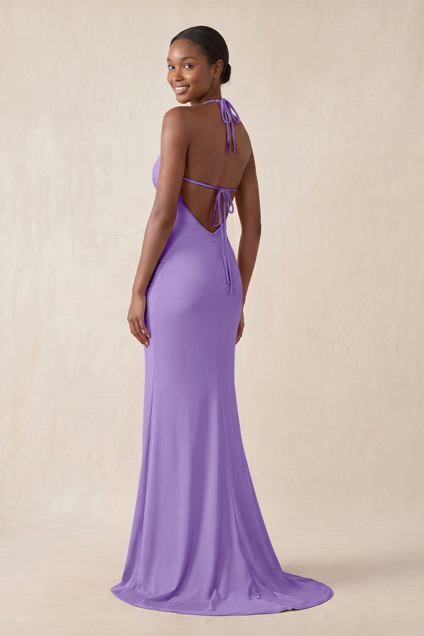 Mermaid V - Neck Satin Bridesmaid Dress With Slit in Lilac - KissProm Bridesmaid Dresses