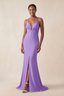 Mermaid V - Neck Satin Bridesmaid Dress With Slit in Lilac - KissProm Bridesmaid Dresses