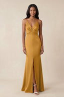 Mermaid V - Neck Satin Bridesmaid Dress With Slit in Marigold - KissProm Bridesmaid Dresses