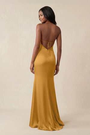 Mermaid V - Neck Satin Bridesmaid Dress With Slit in Marigold - KissProm Bridesmaid Dresses