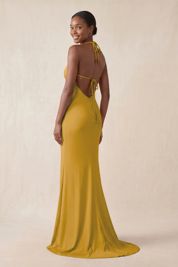Mermaid V - Neck Satin Bridesmaid Dress With Slit in Marigold - KissProm Bridesmaid Dresses