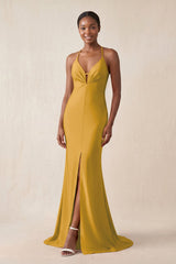 Mermaid V - Neck Satin Bridesmaid Dress With Slit in Marigold - KissProm Bridesmaid Dresses