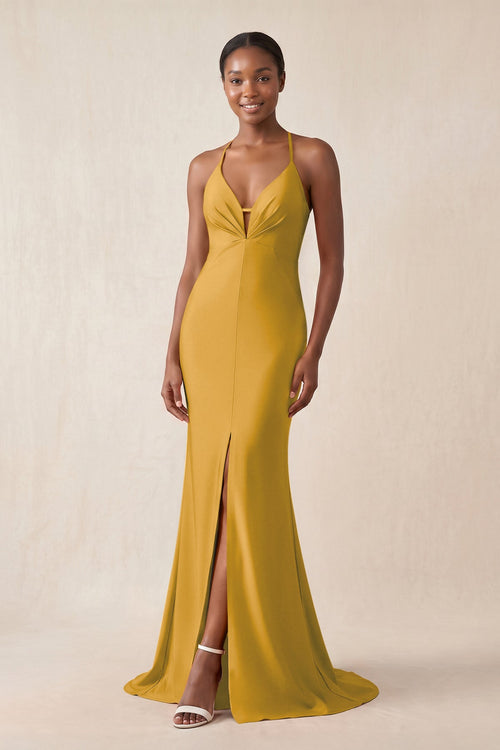 Mermaid V - Neck Satin Bridesmaid Dress With Slit in Marigold - KissProm Bridesmaid Dresses