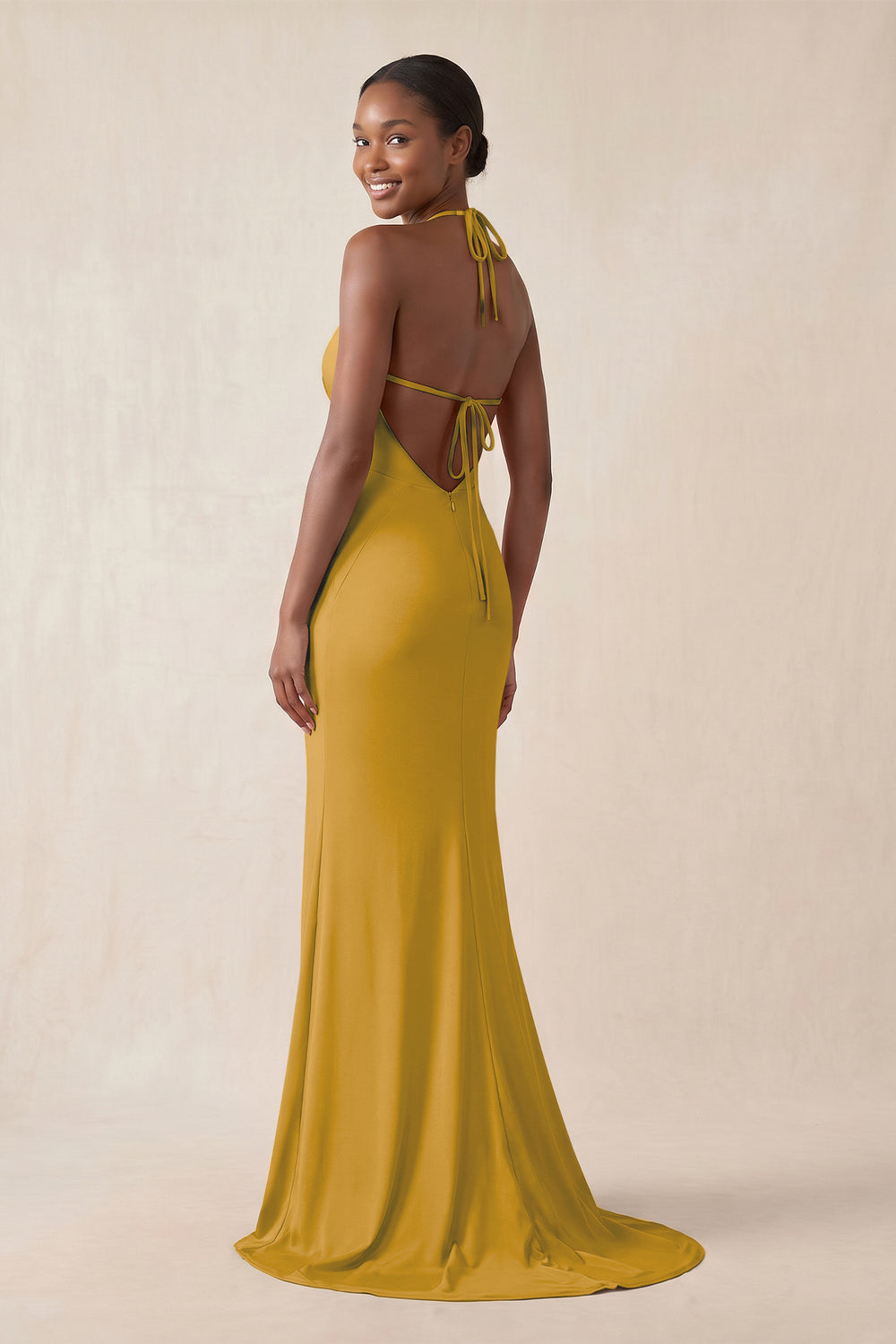 Mermaid V - Neck Satin Bridesmaid Dress With Slit in Marigold - KissProm Bridesmaid Dresses