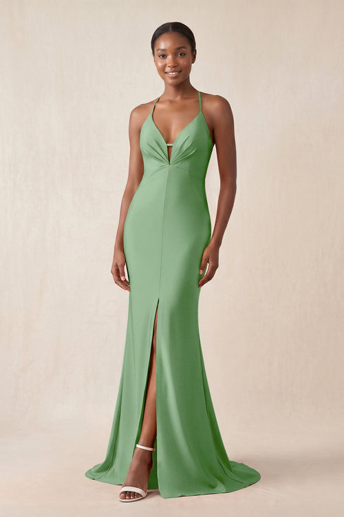 Mermaid V - Neck Satin Bridesmaid Dress With Slit in Matcha - KissProm Bridesmaid Dresses