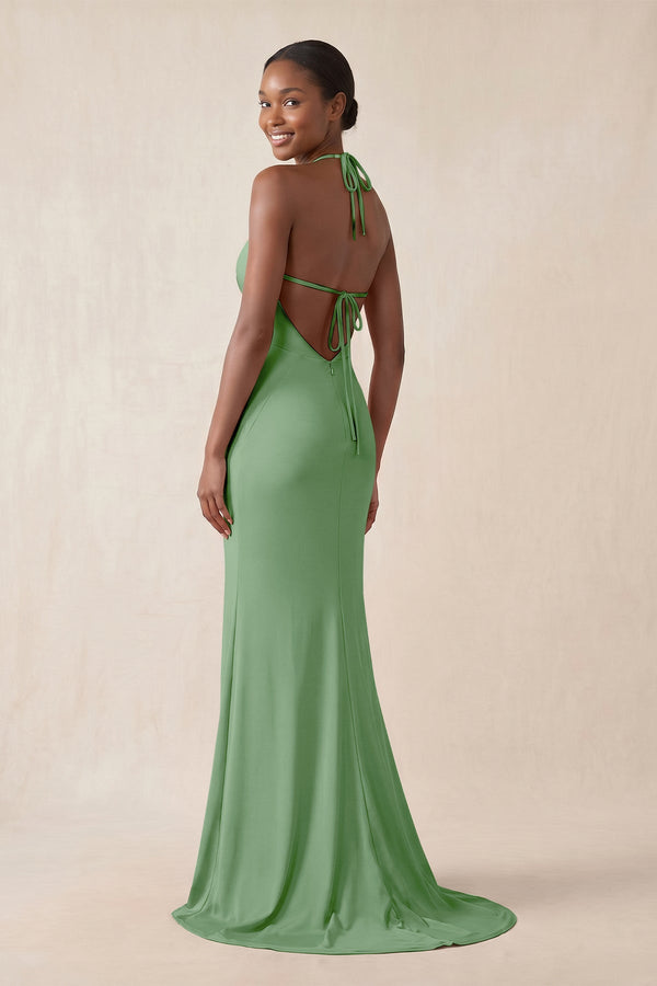 Mermaid V - Neck Satin Bridesmaid Dress With Slit in Matcha - KissProm Bridesmaid Dresses