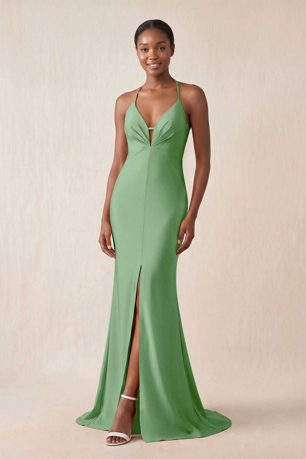Mermaid V - Neck Satin Bridesmaid Dress With Slit in Matcha - KissProm Bridesmaid Dresses