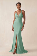 Mermaid V - Neck Satin Bridesmaid Dress With Slit in Mint Green - KissProm Bridesmaid Dresses