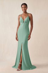 Mermaid V - Neck Satin Bridesmaid Dress With Slit in Mint Green - KissProm Bridesmaid Dresses