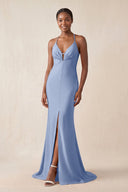 Mermaid V - Neck Satin Bridesmaid Dress With Slit in Mist - KissProm Bridesmaid Dresses