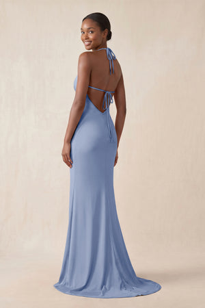 Mermaid V - Neck Satin Bridesmaid Dress With Slit in Mist - KissProm Bridesmaid Dresses