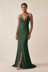 Mermaid V - Neck Satin Bridesmaid Dress With Slit in Moss - KissProm Bridesmaid Dresses
