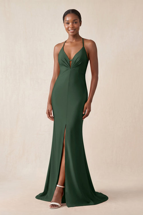 Mermaid V - Neck Satin Bridesmaid Dress With Slit in Moss - KissProm Bridesmaid Dresses