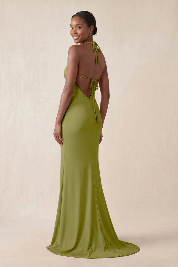 Mermaid V - Neck Satin Bridesmaid Dress With Slit in Moss Green - KissProm Bridesmaid Dresses