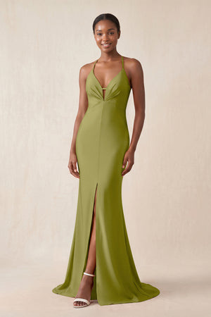 Mermaid V - Neck Satin Bridesmaid Dress With Slit in Moss Green - KissProm Bridesmaid Dresses